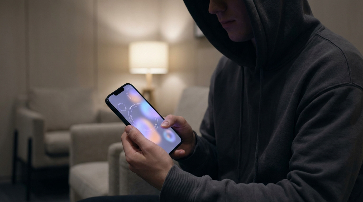 Person in dark hoodie holds a smartphone with a glowing, abstract screen in a dimly lit room. Face is obscured, hands illuminated by the phone's light.