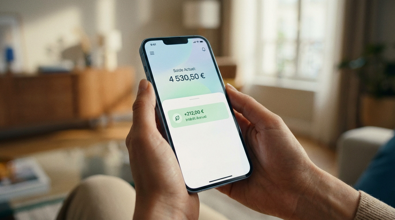 Mains tenant un smartphone affichant une application bancaire. Solde actuel : 4530,50 €, avec un crédit de 212 € d'intérêt annuel. Fond flou.