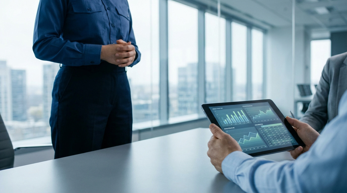 Professional Data Analysis and Financial Clarity A person in a dark blue uniform stands while another holds a tablet displaying financial graphs in a modern office meeting.