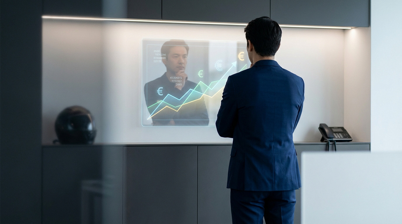 Man in navy suit views holographic financial data with upward trends and euro symbols. Modern office, subtle helmet in background.