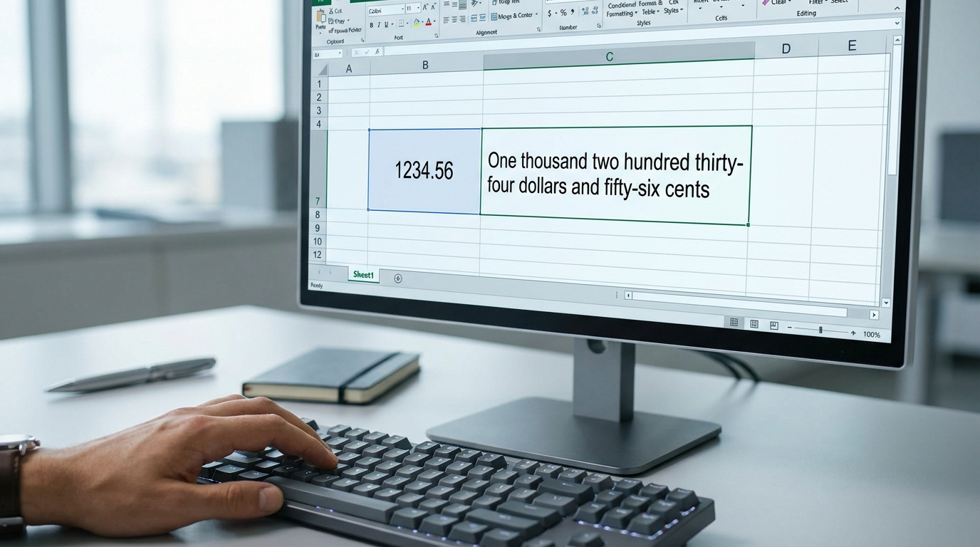 Écran Excel: le nombre 1234.56 est converti en texte "One thousand two hundred thirty-four dollars and fifty-six cents". Main sur clavier.
