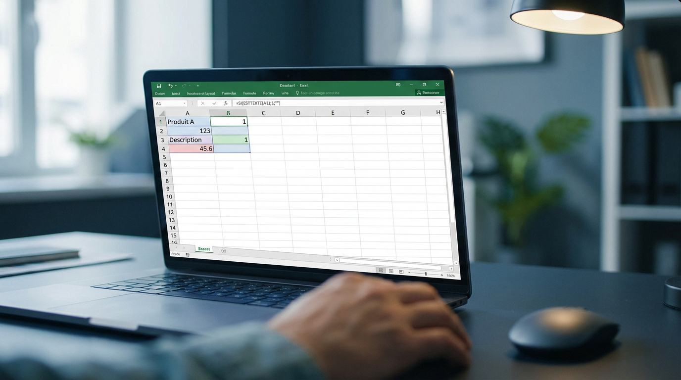 Gros plan sur un ordinateur portable affichant Excel avec la formule SI et ESTTEXTE pour identifier le texte dans les cellules, main sur la souris.