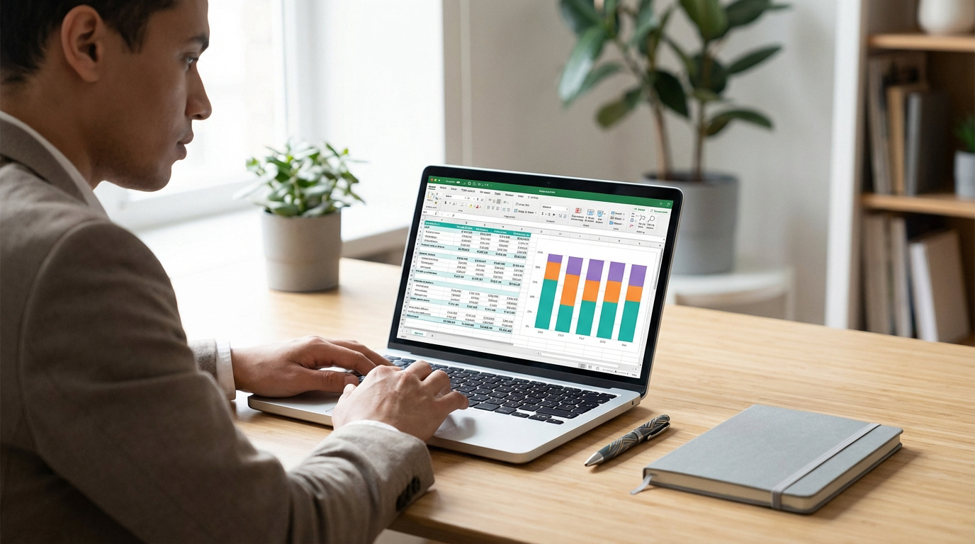 Homme travaillant sur un ordinateur portable affichant Excel avec un tableau de données et un graphique à barres.