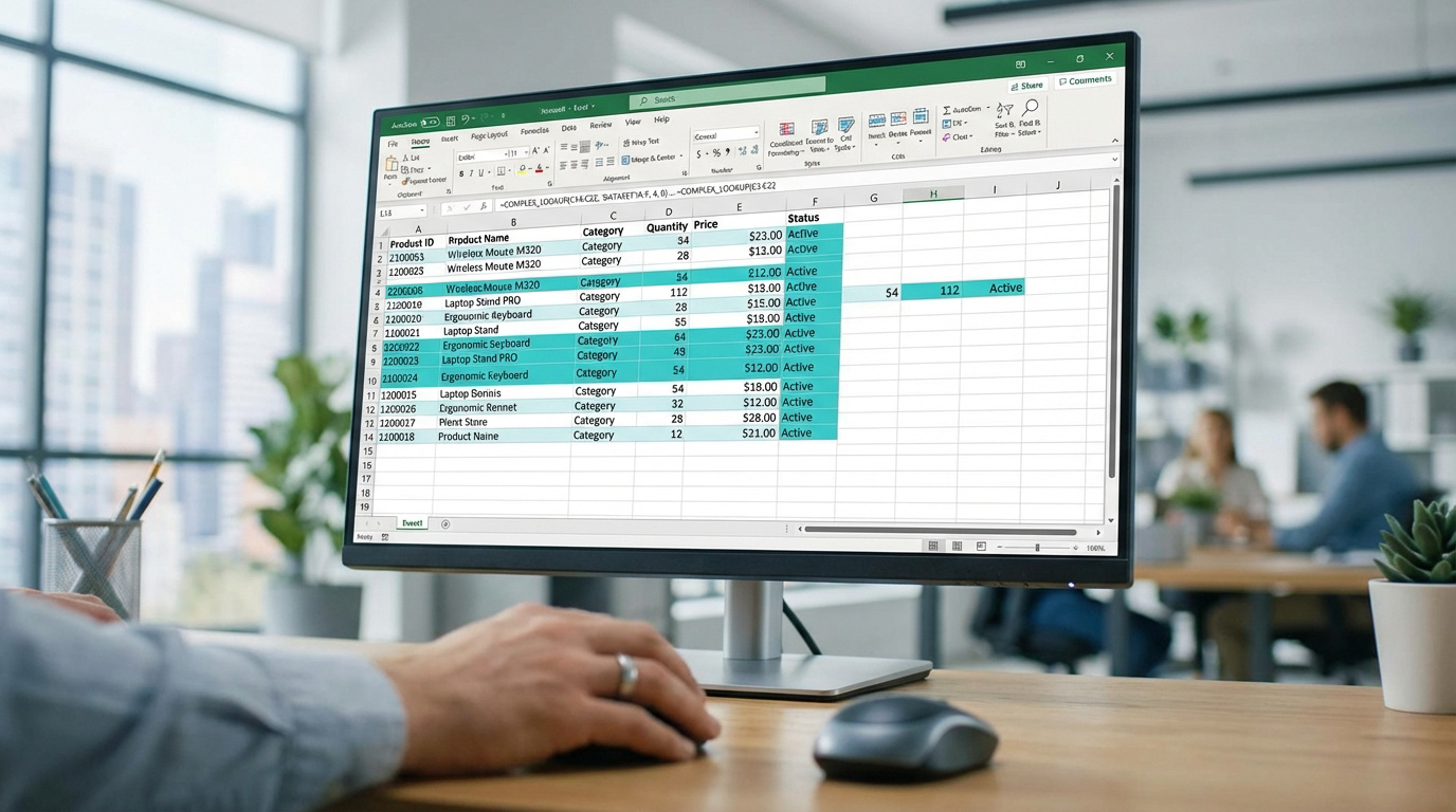 Une personne utilise une souris devant un écran affichant un tableau Excel avec des données produit détaillées.