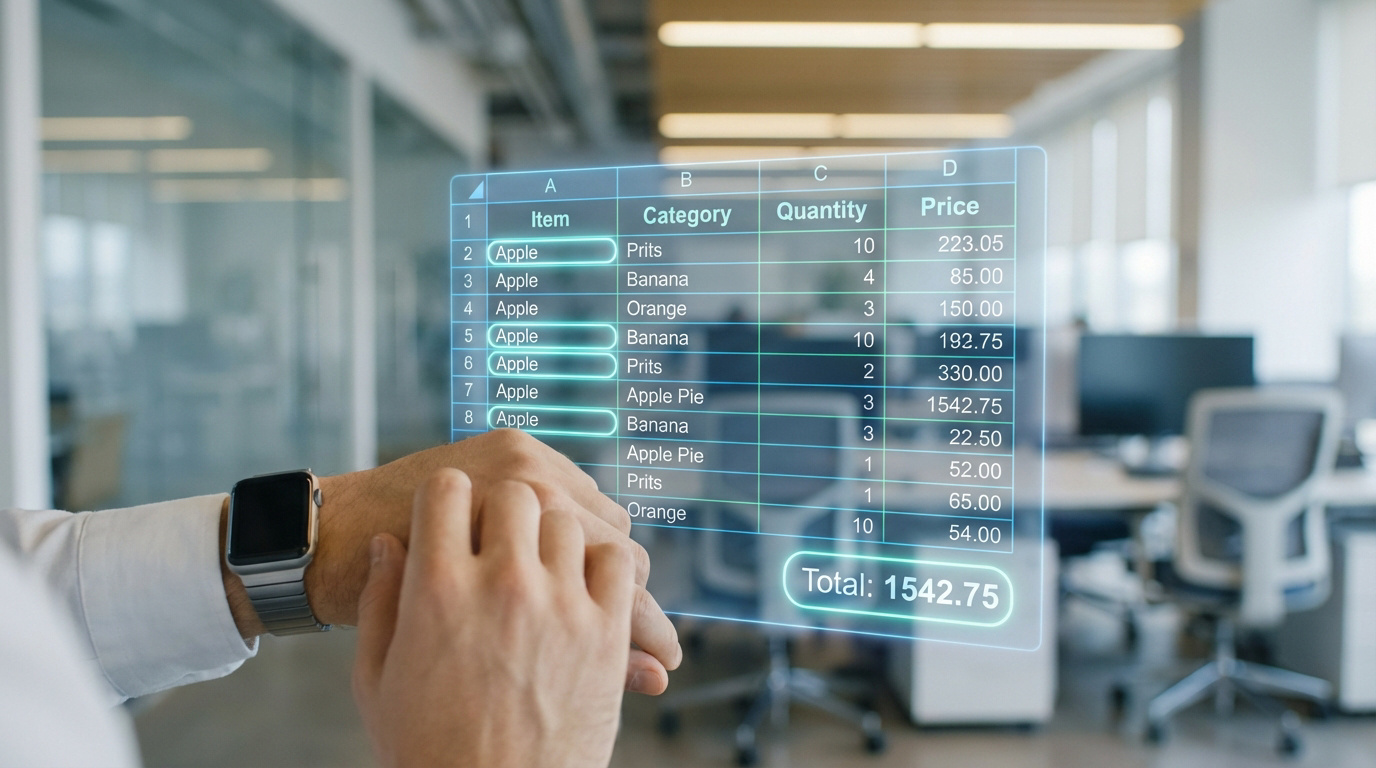 Mains consultant un tableau de données holographique (type Excel) en bureau moderne, avec une montre connectée. Lignes "Apple" surlignées.