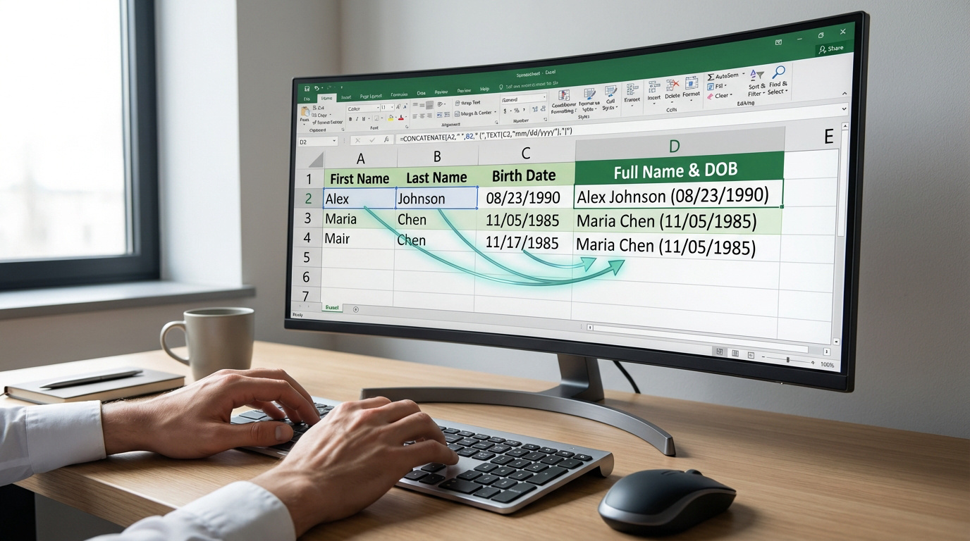 Une personne utilise Excel sur un écran incurvé, montrant la fonction CONCATENER pour fusionner nom, prénom et date de naissance.