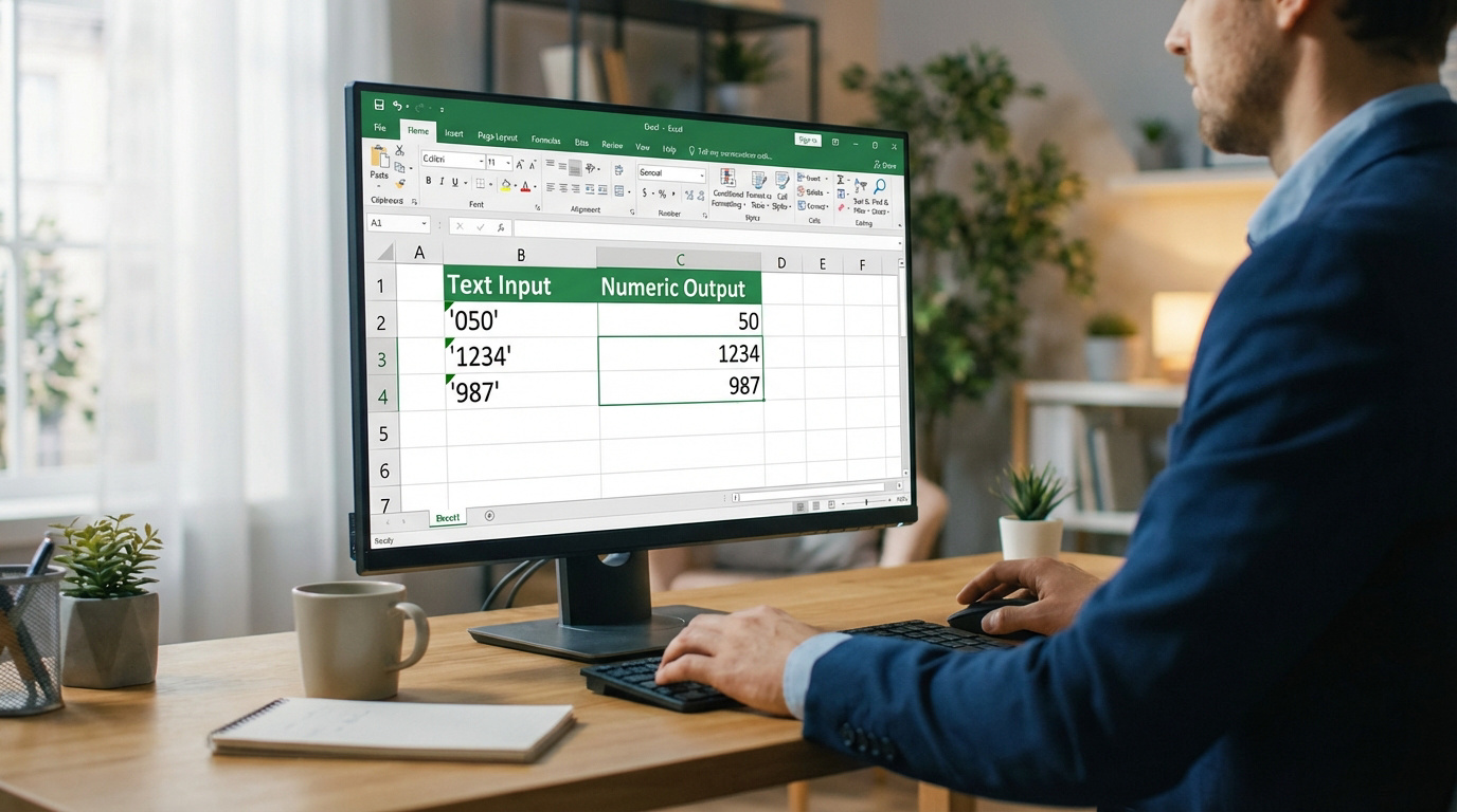 Homme devant un écran affichant Excel. Les colonnes "Text Input" et "Numeric Output" montrent la conversion de nombres stockés en texte en format numérique.