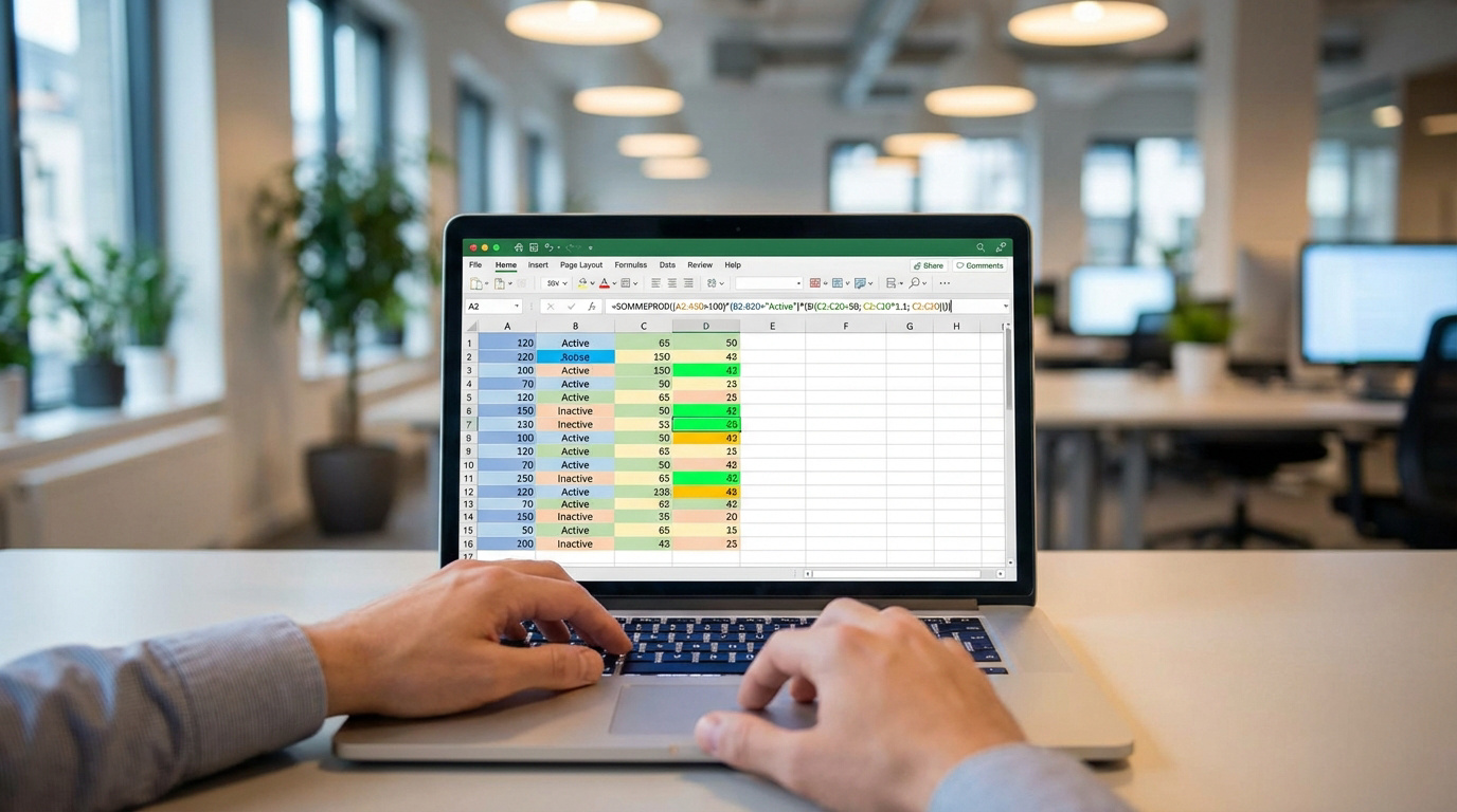 Mains tapant sur un ordinateur portable affichant une feuille de calcul Excel avec une formule SOMMEPROD et des cellules colorées.
