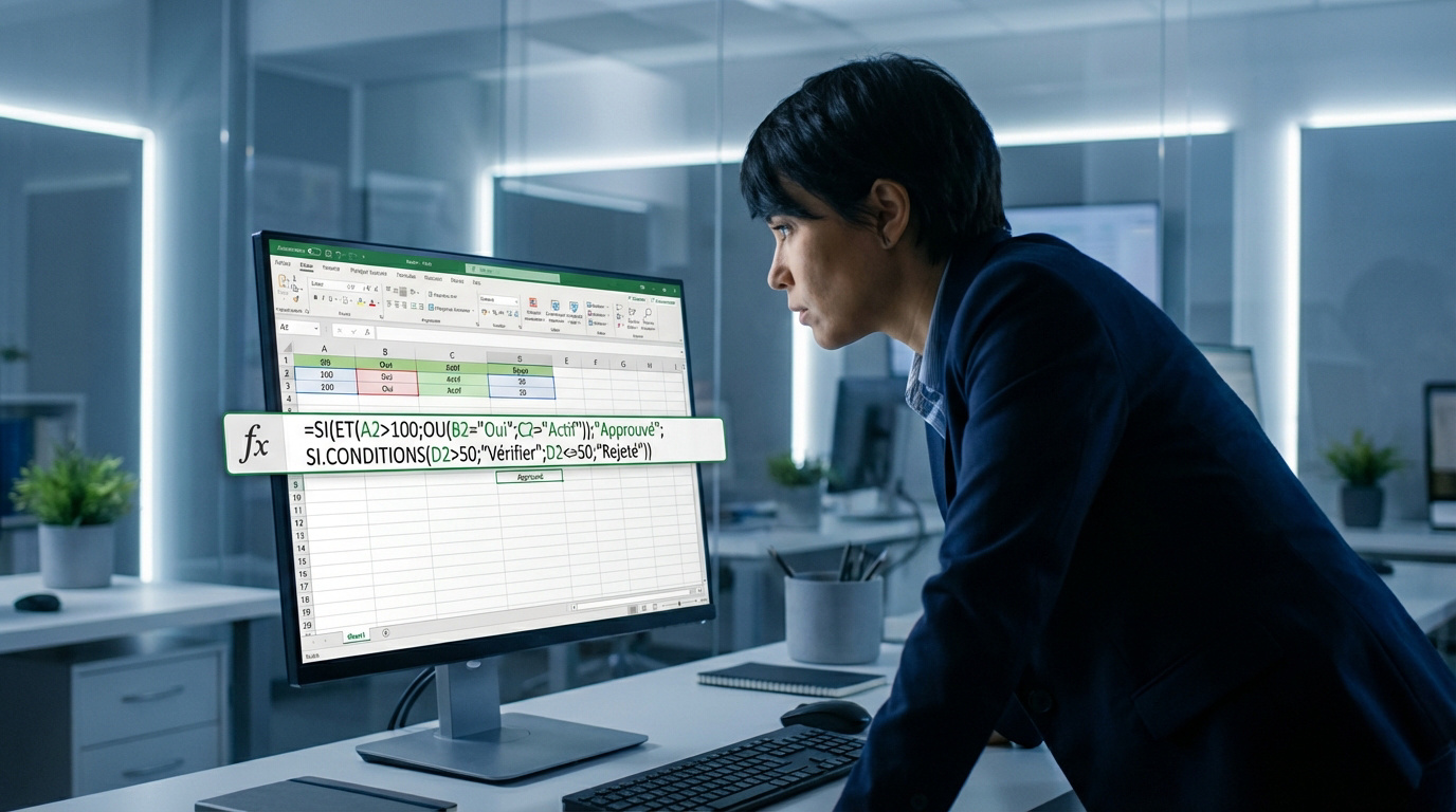 Femme concentrée devant un écran Excel affichant une formule SI complexe (SI.CONDITIONS, ET, OU). Environnement de bureau moderne.