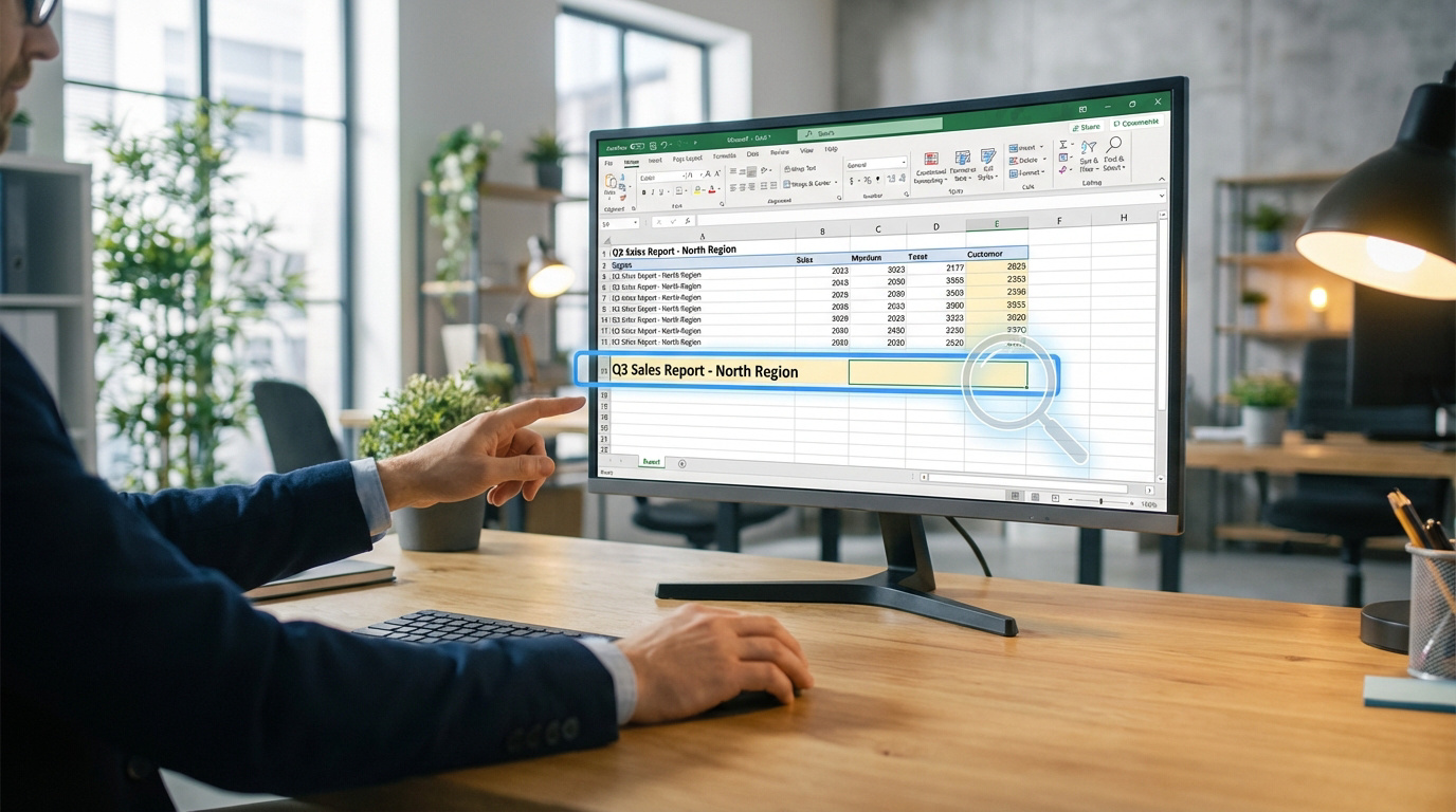 Un homme pointe un écran affichant un tableau Excel. Une loupe numérique met en évidence un rapport de ventes, symbolisant la recherche de données.