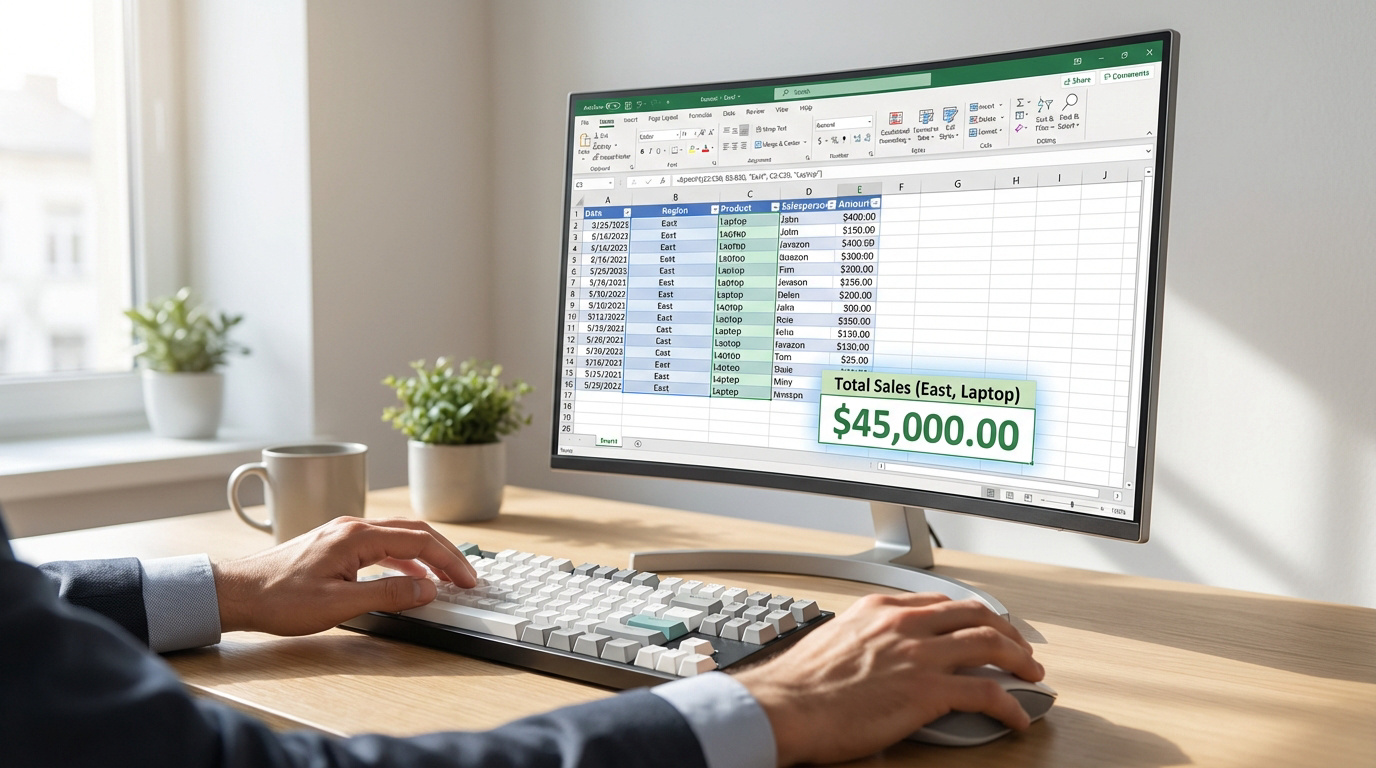 Personne utilisant Excel sur un écran d'ordinateur, affichant une feuille de calcul avec des données de ventes et une fonction Somme.si.ens.
