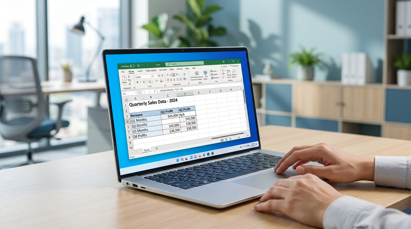 Mains sur un portable montrant Excel: données de ventes trimestrielles 2024 et formule SI pour gérer les cellules vides.