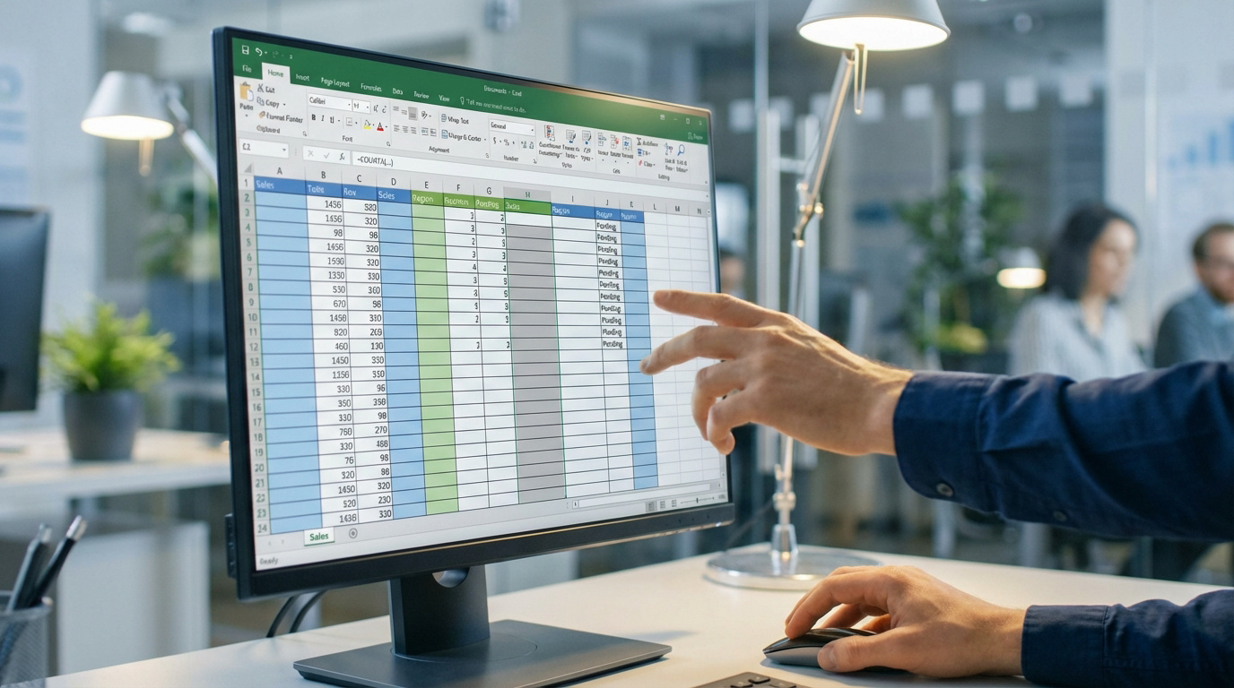 Un homme pointe un tableau Excel sur un écran d'ordinateur, montrant la formule NBVAL pour compter les cellules non vides.
