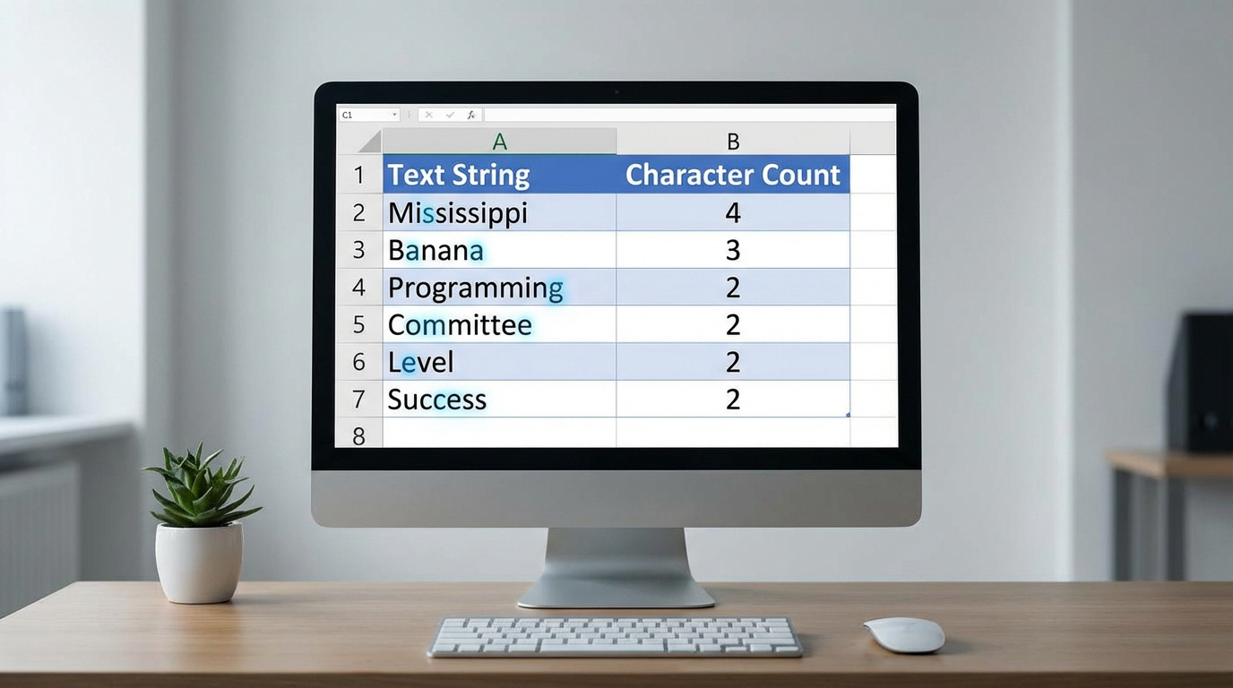 Un écran d'ordinateur affiche un tableau Excel listant des mots et le nombre d'occurrences de caractères spécifiques.