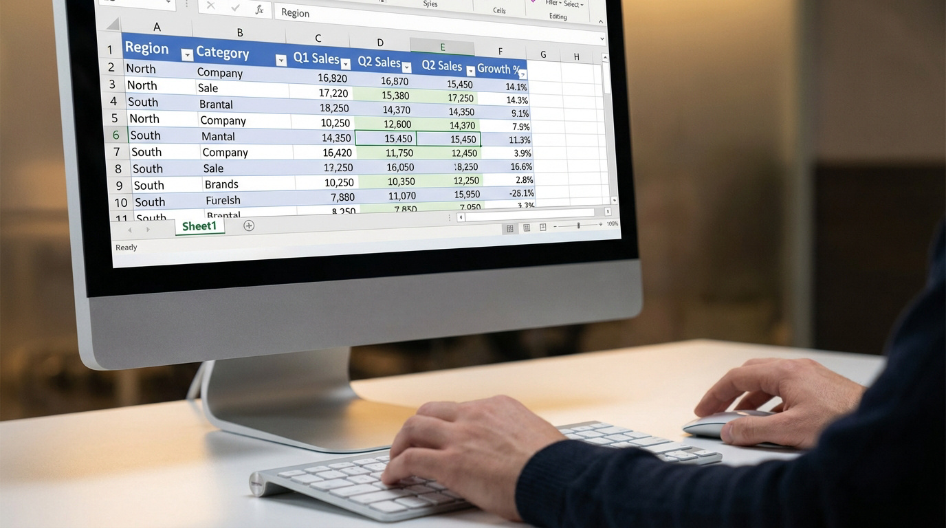 Personne utilisant un ordinateur de bureau affichant une feuille de calcul Excel avec des données de ventes et de croissance.