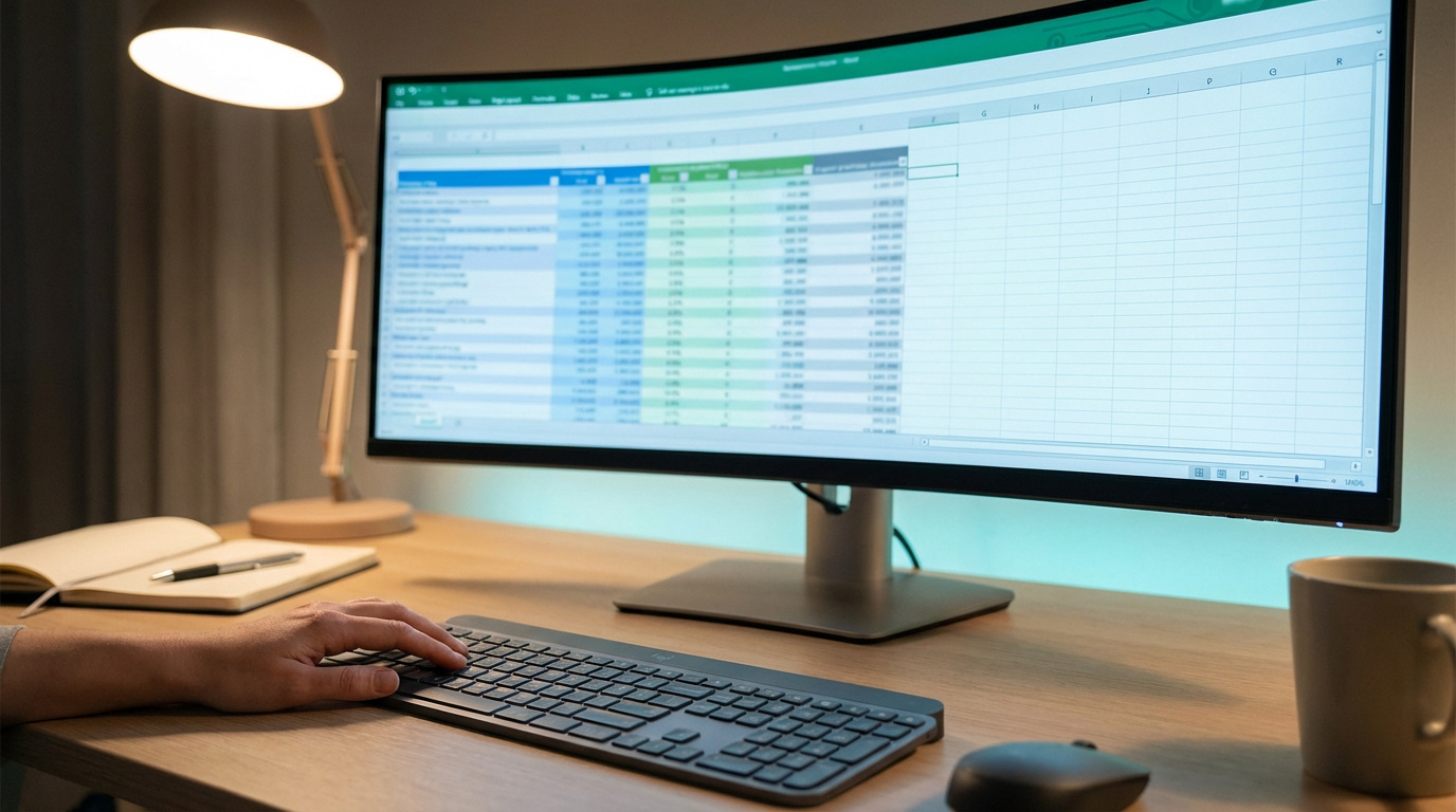 Main tapant sur un clavier devant un écran PC incurvé affichant une feuille de calcul Excel. Lampe de bureau allumée, cahier et tasse.