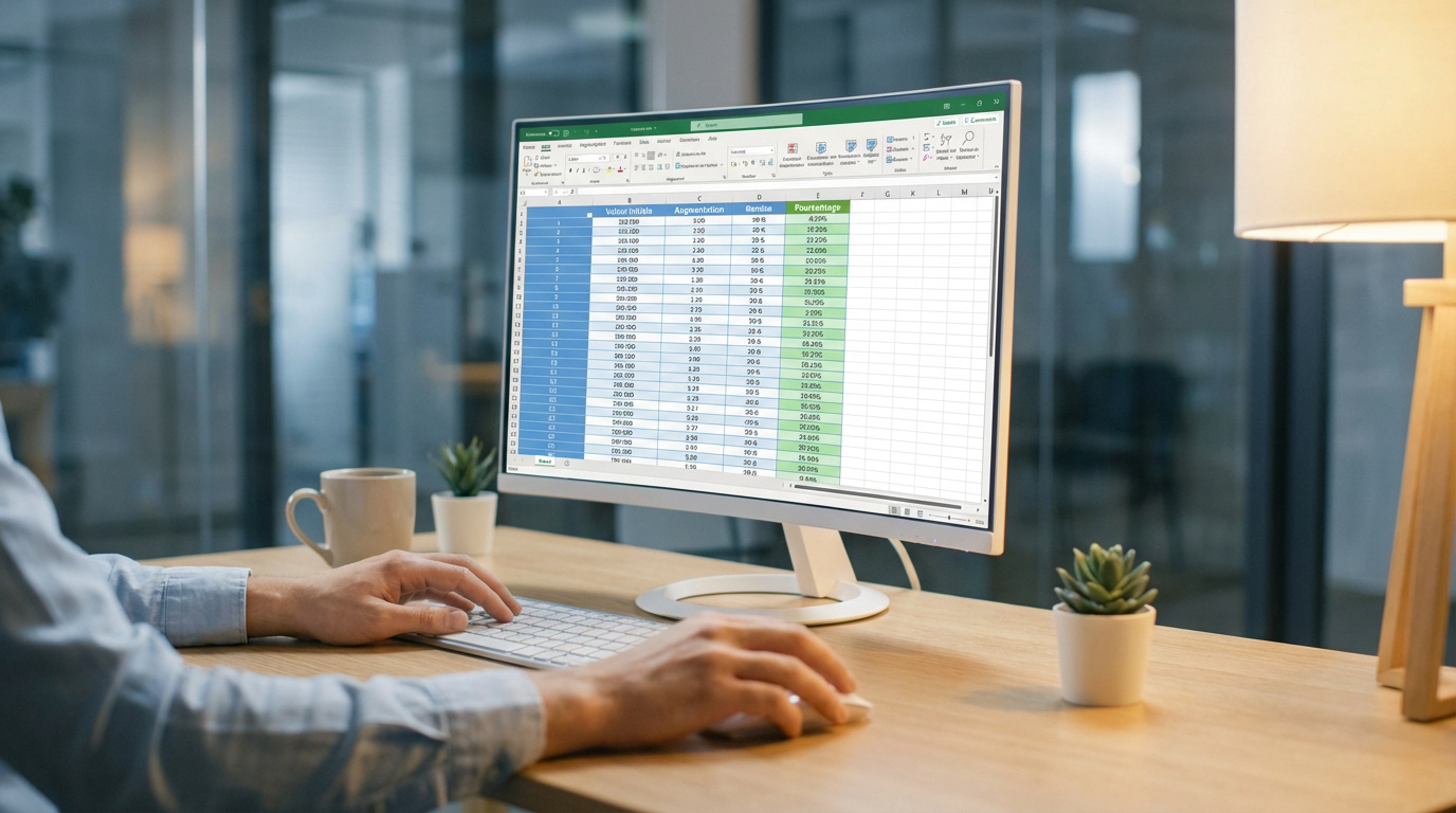 Mains d'une personne utilisant un clavier et une souris devant un écran Excel montrant des calculs de pourcentage.