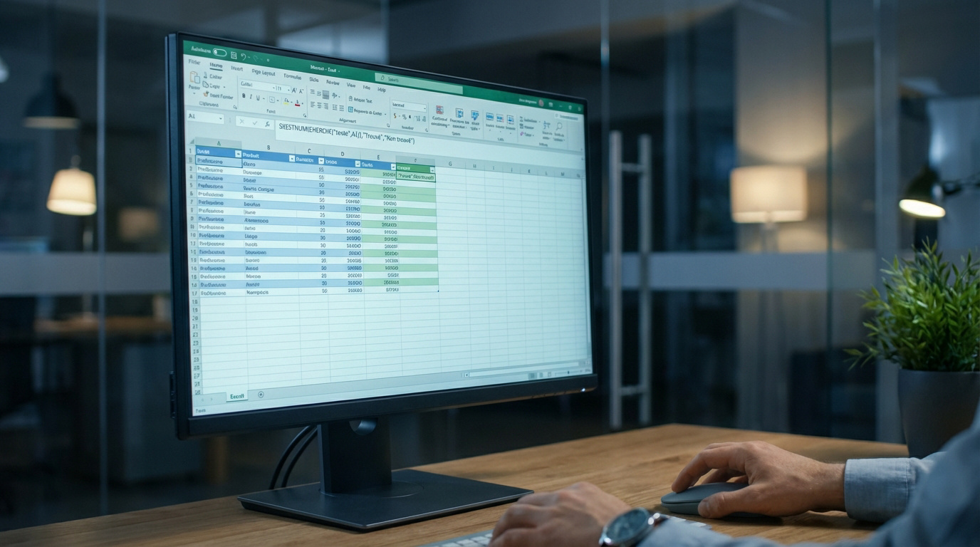 Mains utilisant une souris et un clavier devant un écran affichant un tableau Excel avec une formule de recherche pour l'analyse de données.
