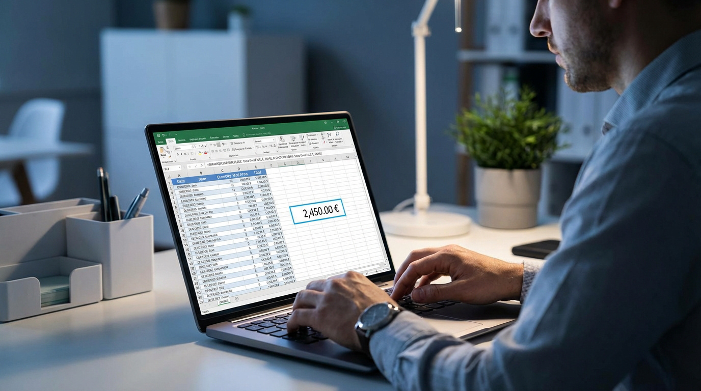 Un homme tapant sur un portable affichant une feuille Excel avec des colonnes de données et un total de 2 450,00 €.