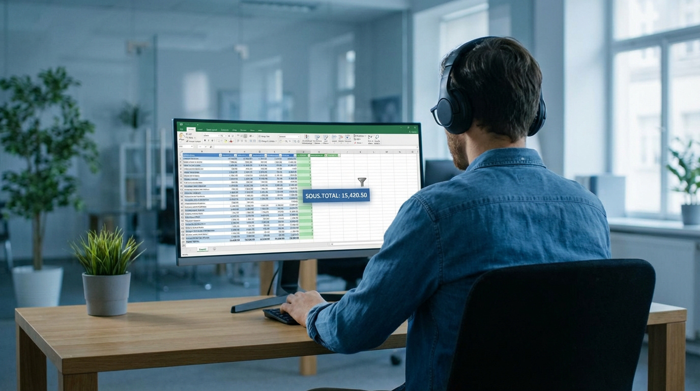 Homme avec casque analysant des données sur Excel, affichant un sous-total (15 420,50) résultant de la fonction SOUS.TOTAL.