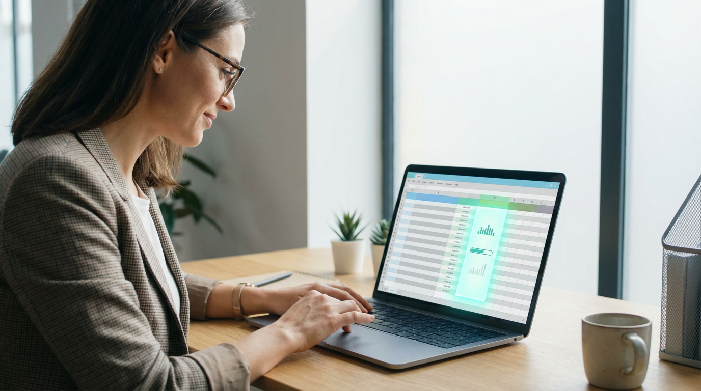 Jeune femme souriante à lunettes tapant sur un ordinateur portable, un tableur Excel affichant des fonctions et des graphiques.