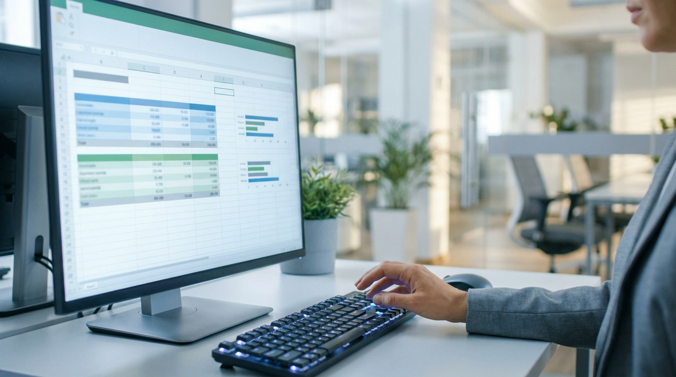 Personne tapant sur un clavier lumineux devant un écran d'ordinateur affichant un tableur Excel avec des données et graphiques dans un bureau moderne.