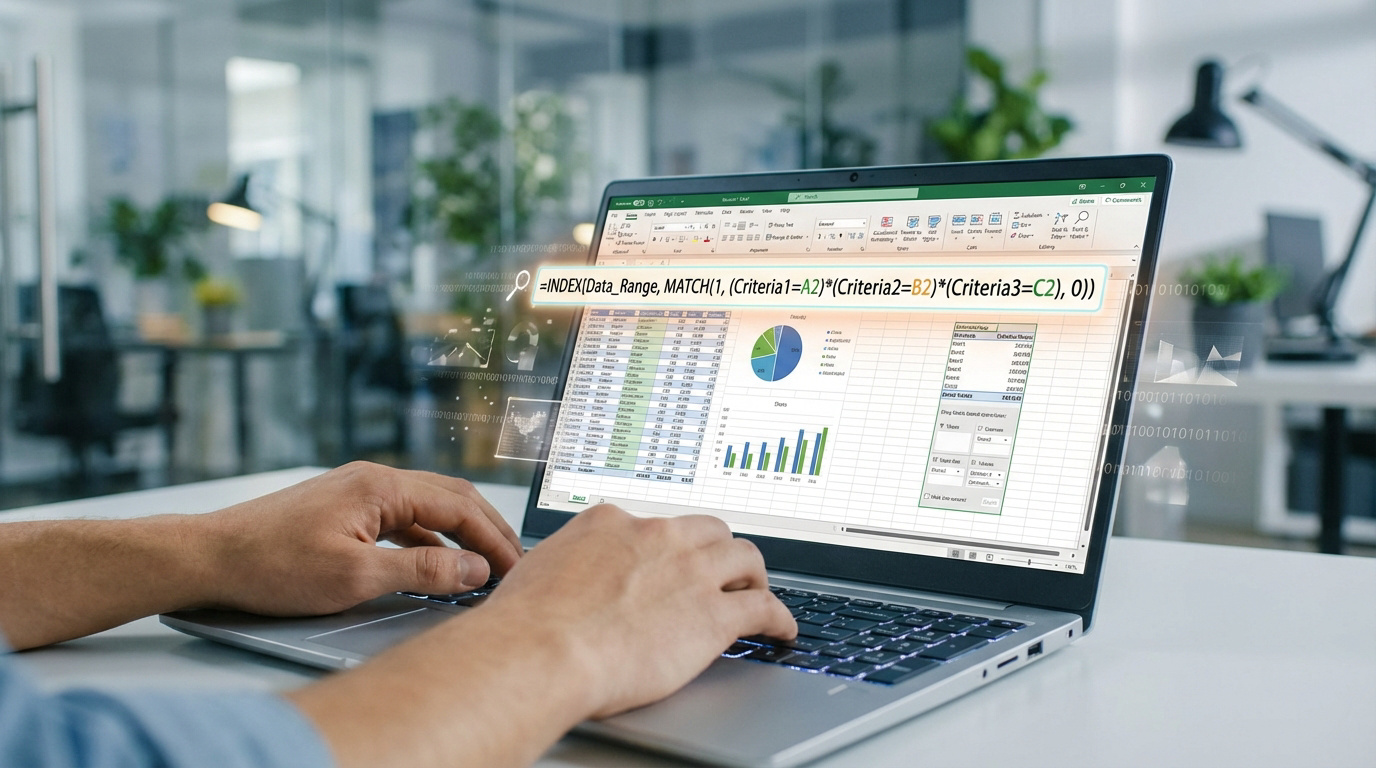 Mains tapant sur un laptop affichant Excel avec la formule INDEX/MATCH. Graphiques et données, fond de bureau moderne.