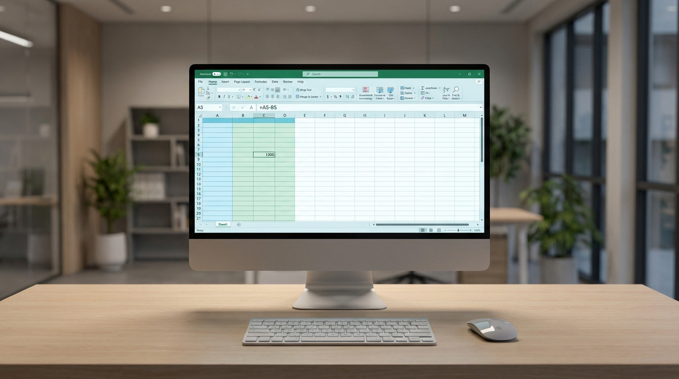 Écran d'ordinateur affichant Excel avec la formule de soustraction =A5-B5 et le résultat 1300, sur un bureau moderne.