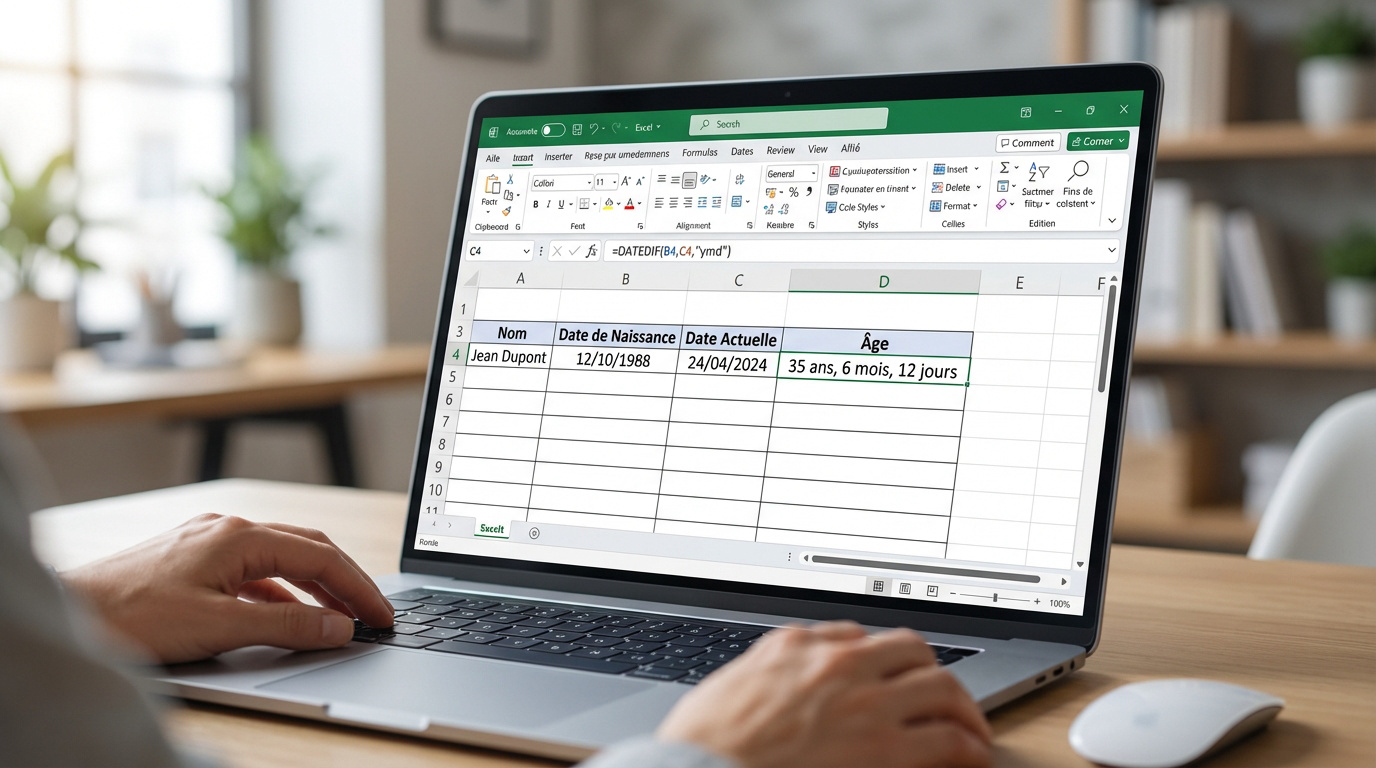 Une personne utilise un ordinateur portable pour calculer l'âge dans Excel. La formule DATEDIF est visible, affichant l'âge en années et mois.