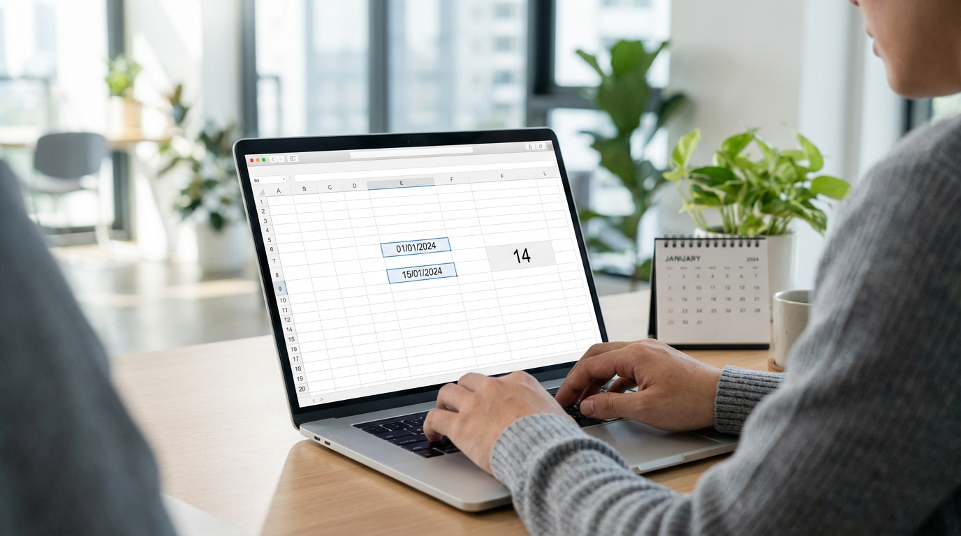 Personne tapant sur un ordinateur portable affichant un calcul d'écart de dates (14 jours) sur Excel, avec un calendrier janvier 2024.