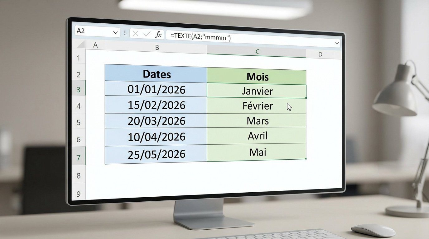Un écran d'ordinateur affiche Excel. La feuille convertit des dates (ex: 01/01/2026) en mois en lettres (Janvier) via la fonction TEXTE.