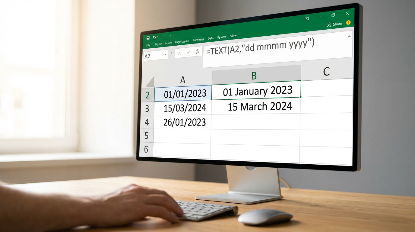 Une personne utilise Excel pour convertir des dates. L'écran montre la formule TEXT(A2,"dd mmmm yyyy") transformant des dates.