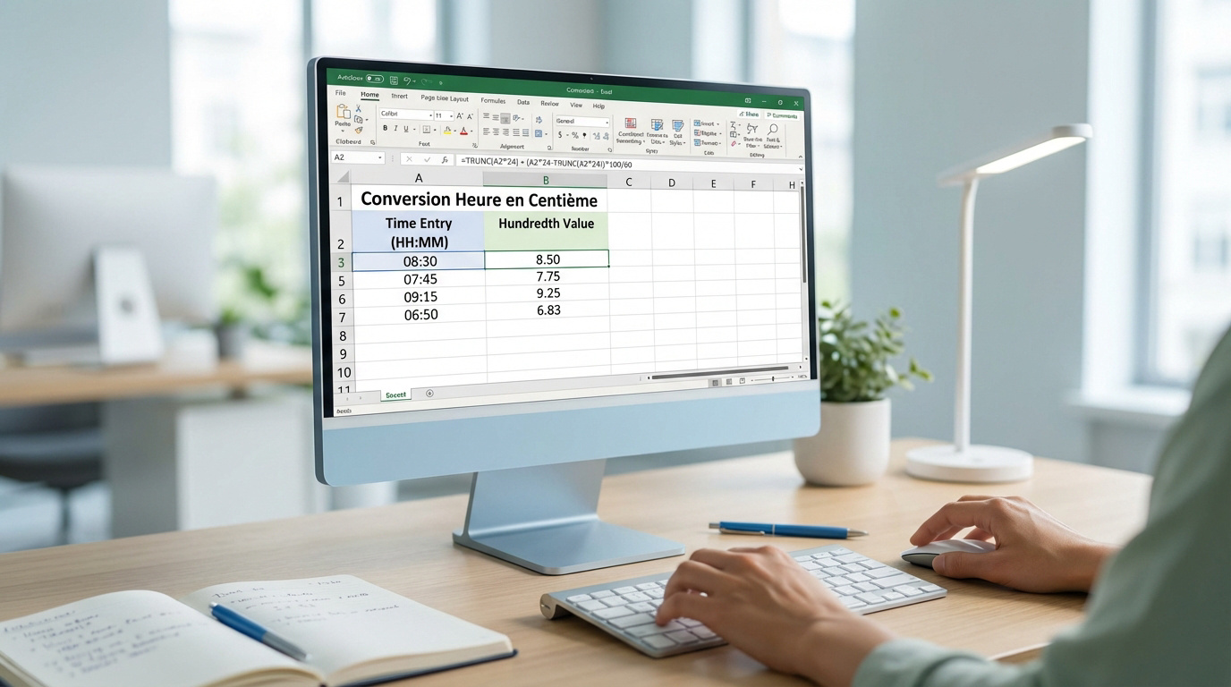 Mains utilisant clavier et souris devant un écran affichant Excel avec un tableau de conversion d'heures.