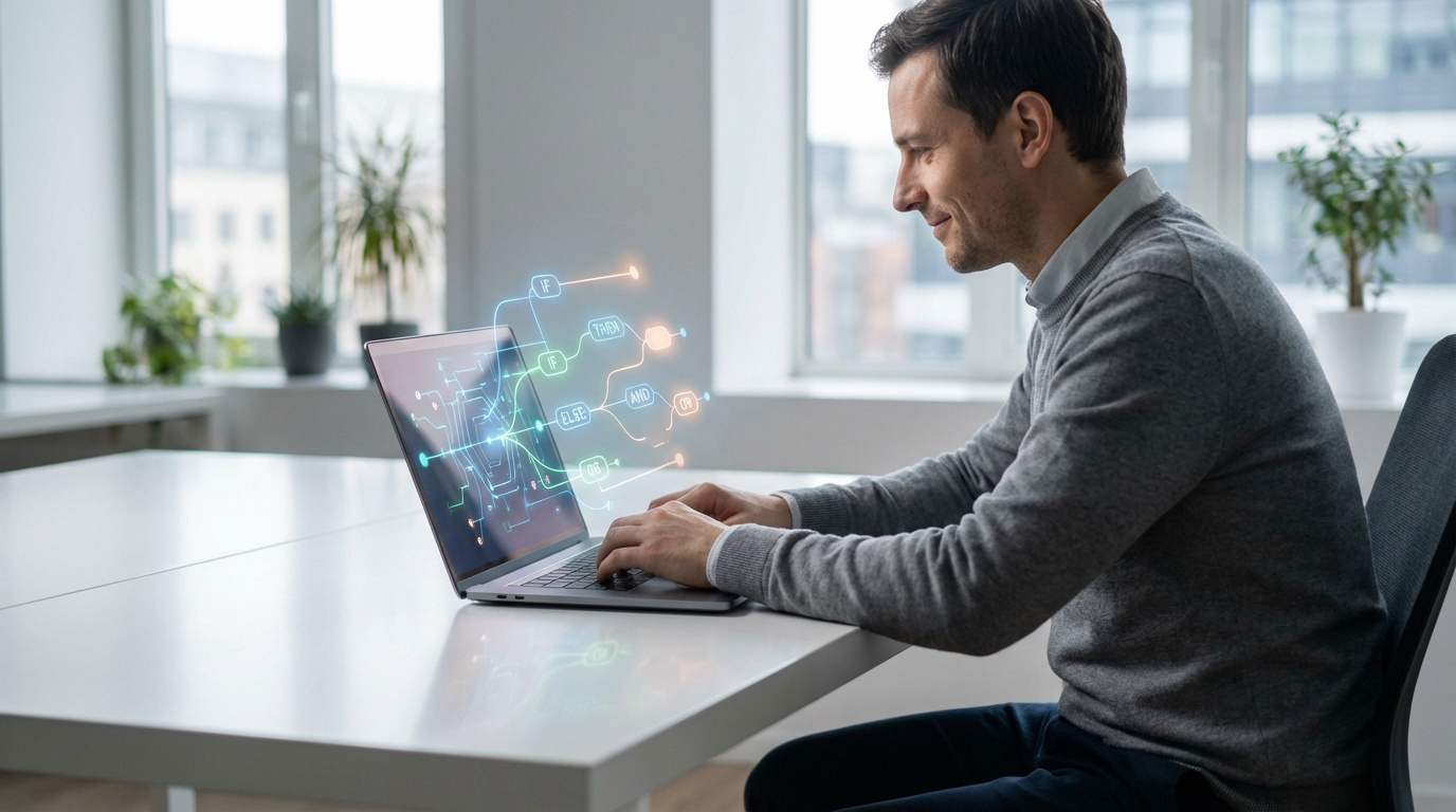 Un homme sourit en utilisant un ordinateur portable d'où émanent des termes logiques (IF, THEN, ELSE). Symbole de maîtrise des formules Excel.
