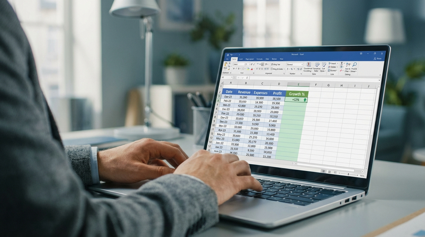 Gros plan sur les mains d'une personne tapant sur un laptop. L'écran montre une feuille Excel avec des calculs de pourcentages financiers.