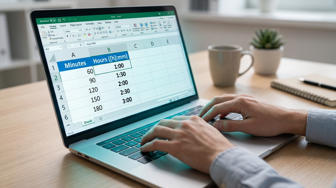 Personne tapant sur un ordinateur portable affichant une feuille Excel. Le tableau montre la conversion de minutes en heures et minutes.