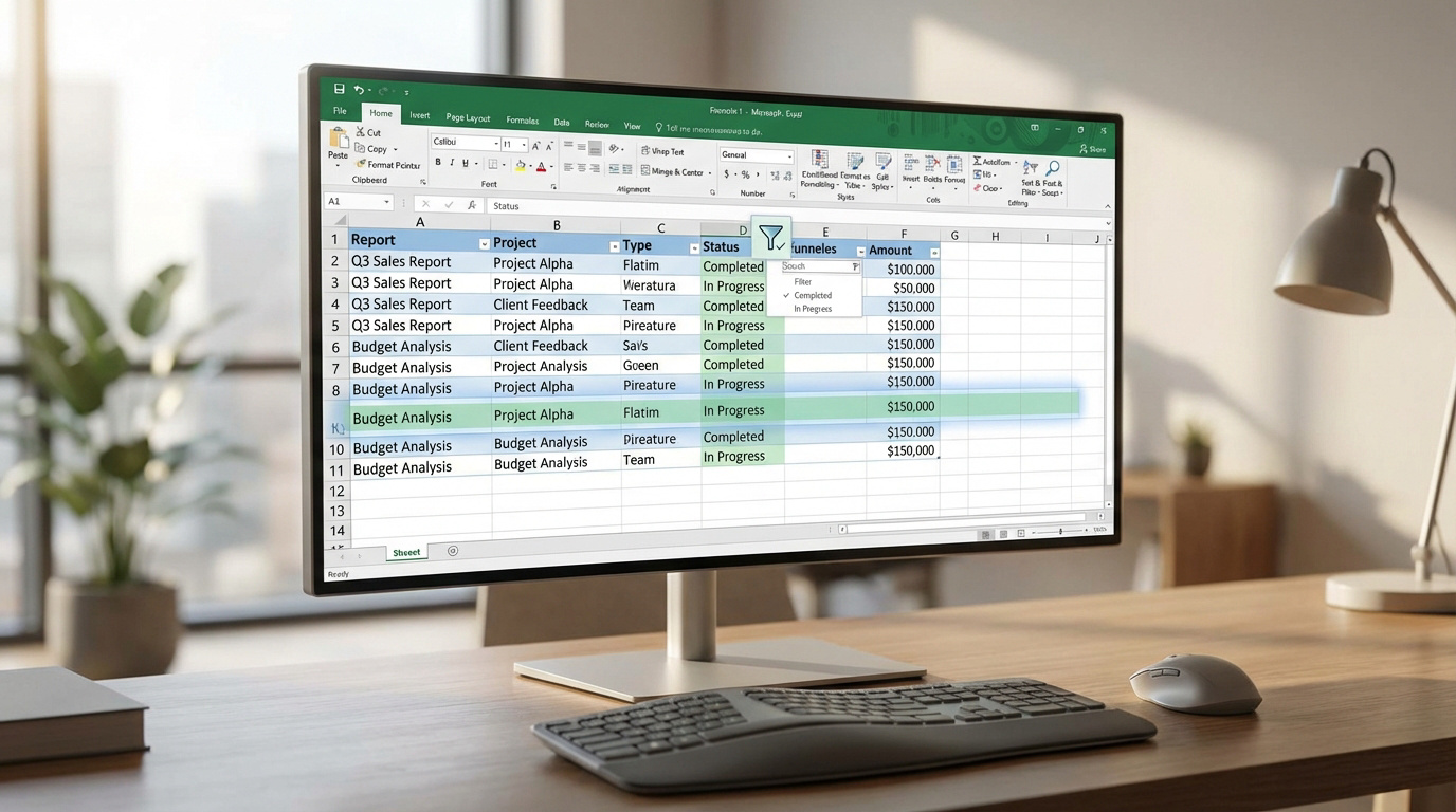 Un écran d'ordinateur affiche un tableau Excel avec la fonction filtre activée sur la colonne 'Statut', montrant les options 'Completed' et 'In Progress'. Un clavier et une souris sont sur le bureau.