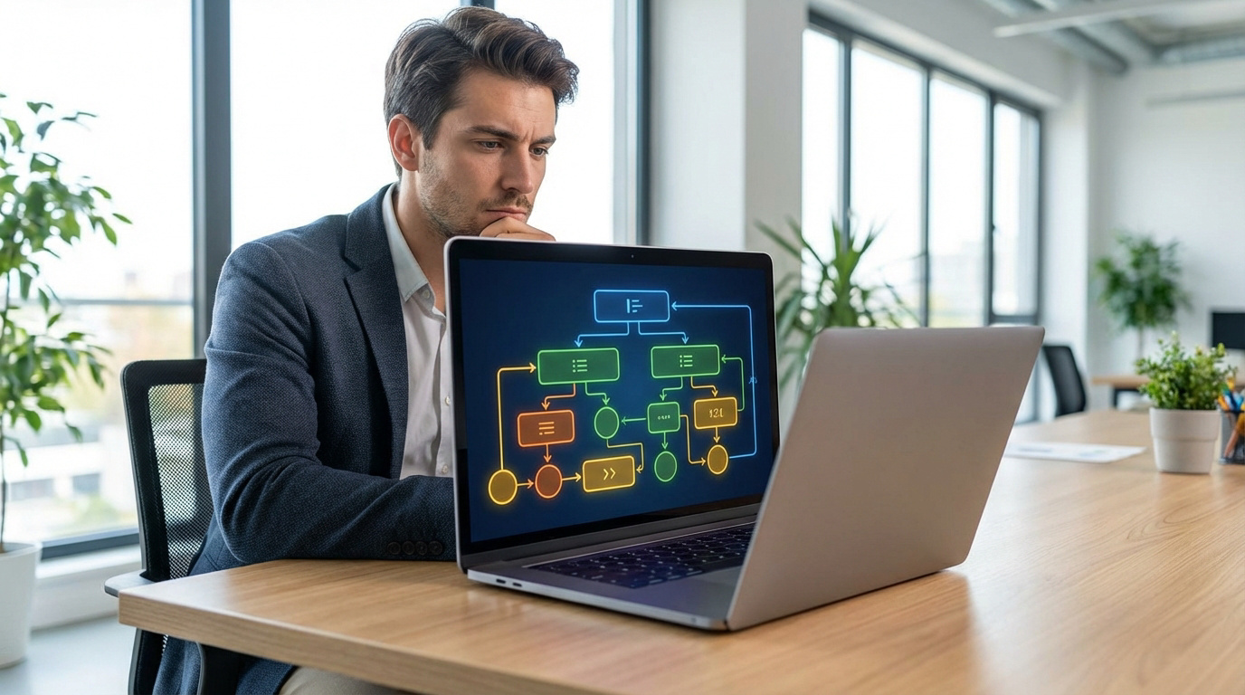 Un homme réfléchit devant un laptop affichant un diagramme de flux coloré, illustrant la logique pour gérer des conditions complexes.
