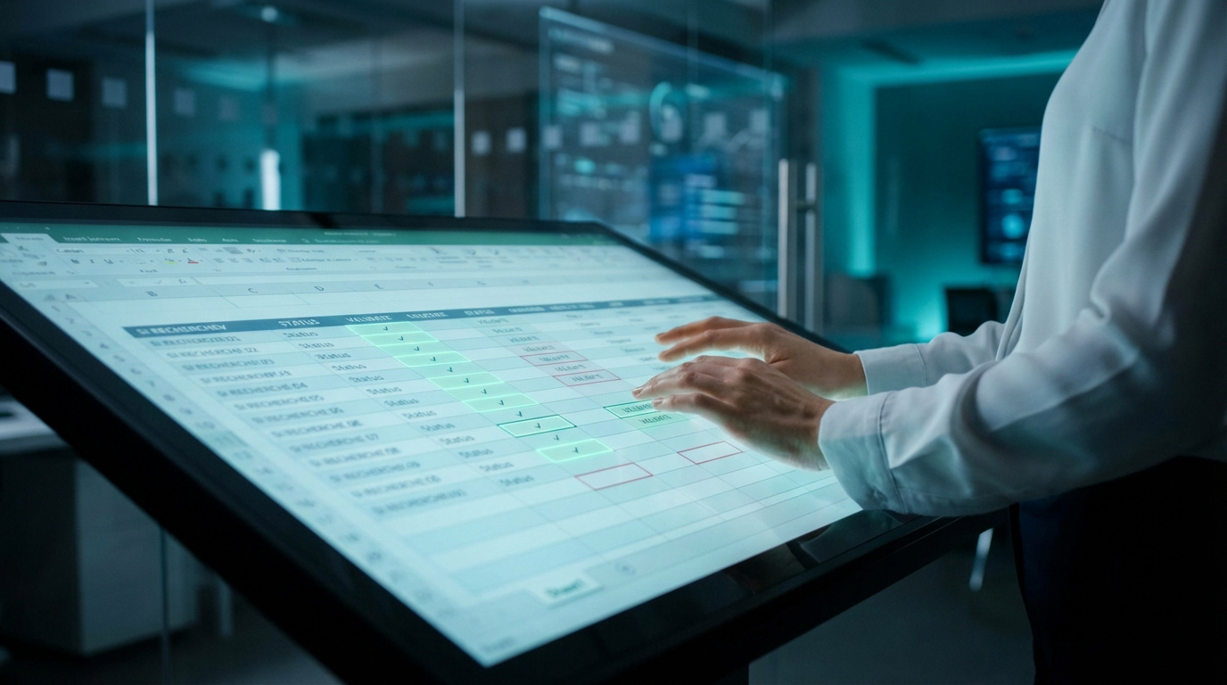 Mains sur grand écran tactile affichant un tableau de données pour validation, avec colonnes SI RECHERCHEV, STATUS, VALIDATE.