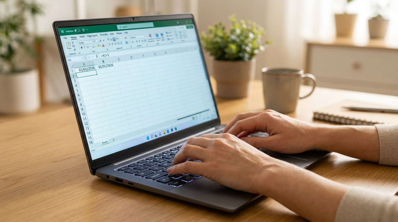 Personne tapant sur un ordinateur portable affichant Excel, avec des dates dans les cellules A1 et B1, pour des calculs.