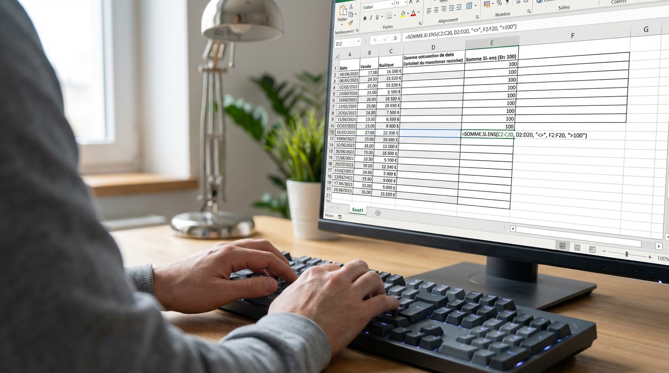 Personne tapant sur un clavier, devant un écran affichant une feuille de calcul Excel avec la formule SOMME.SI.ENS bien visible.