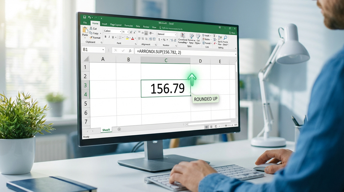 Personne utilisant Excel sur un écran d'ordinateur, affichant la fonction ARRONDI.SUP pour arrondir 156.782 à 156.79.
