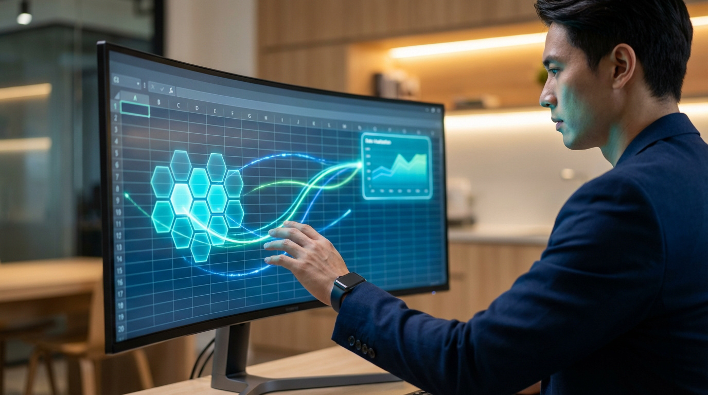 Homme d'affaires asiatique interagissant avec un écran incurvé affichant des visualisations de données complexes, des flux et hexagones lumineux.
