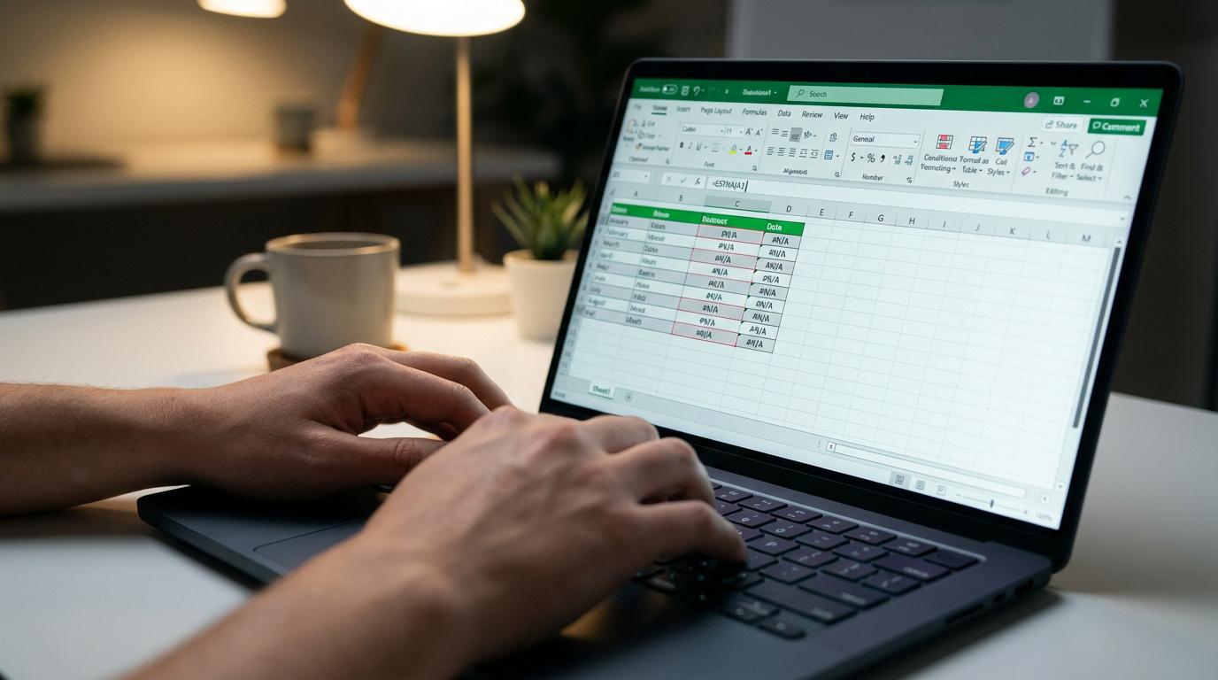 Mains tapant sur un ordinateur portable affichant Excel avec une feuille de calcul et une formule. Tasse de café et lampe sur le bureau.