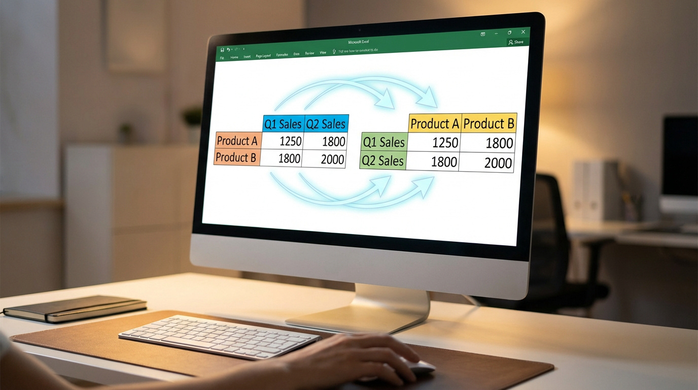 Écran d'ordinateur affichant une feuille Excel avec des tableaux de données inversées (transposition lignes/colonnes). Une main utilise la souris.