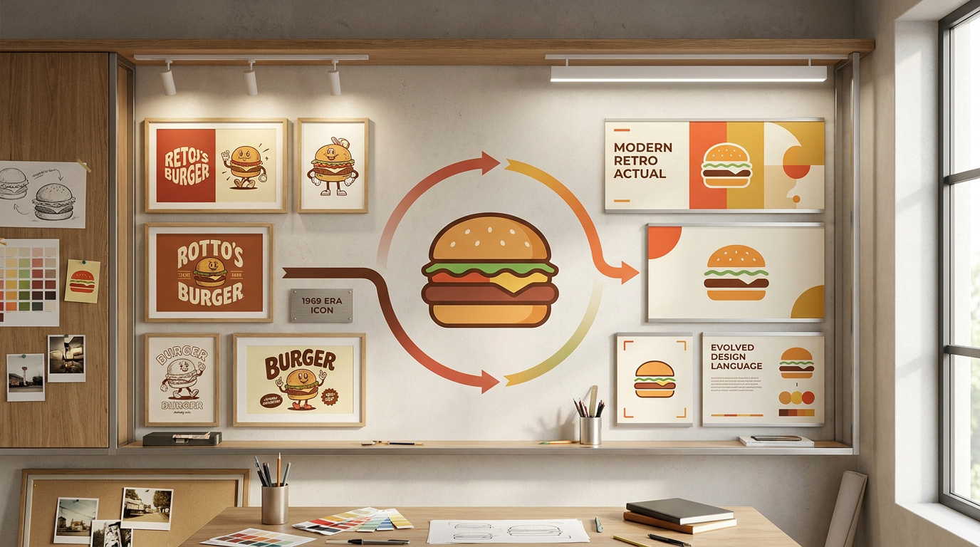 L’évolution du design du logo Burger King Mur de studio de design illustrant l'évolution historique et moderne du logo Burger King avec des croquis et affiches.