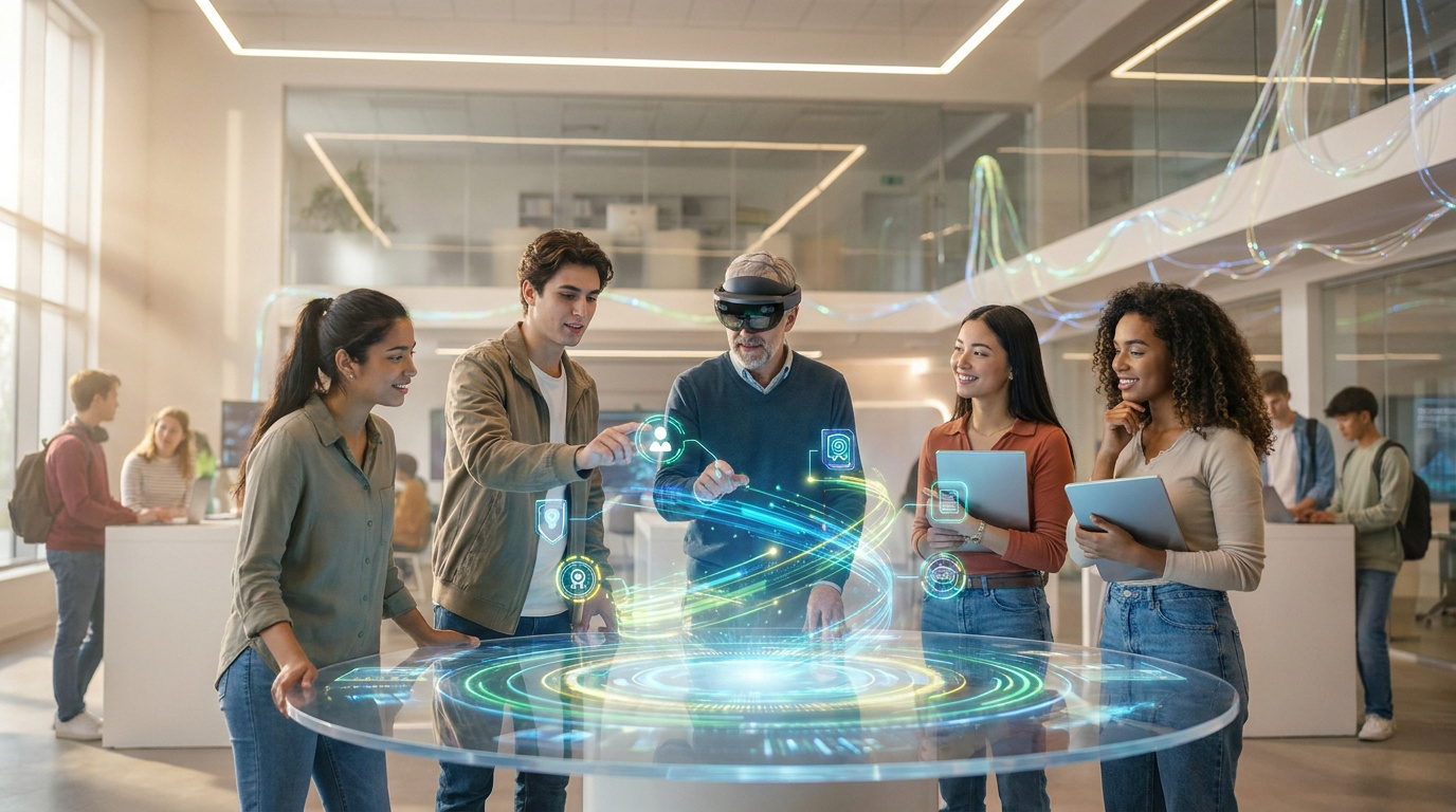 L’avenir de l’apprentissage avec le numérique Un enseignant avec un casque VR et des étudiants interagissant avec une interface numérique holographique.