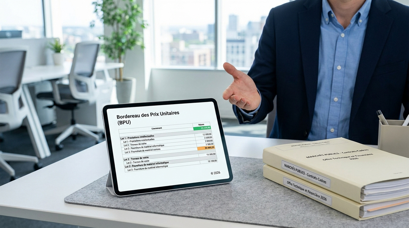 Un professionnel présente un tableau BPU sur une tablette dans un bureau moderne.