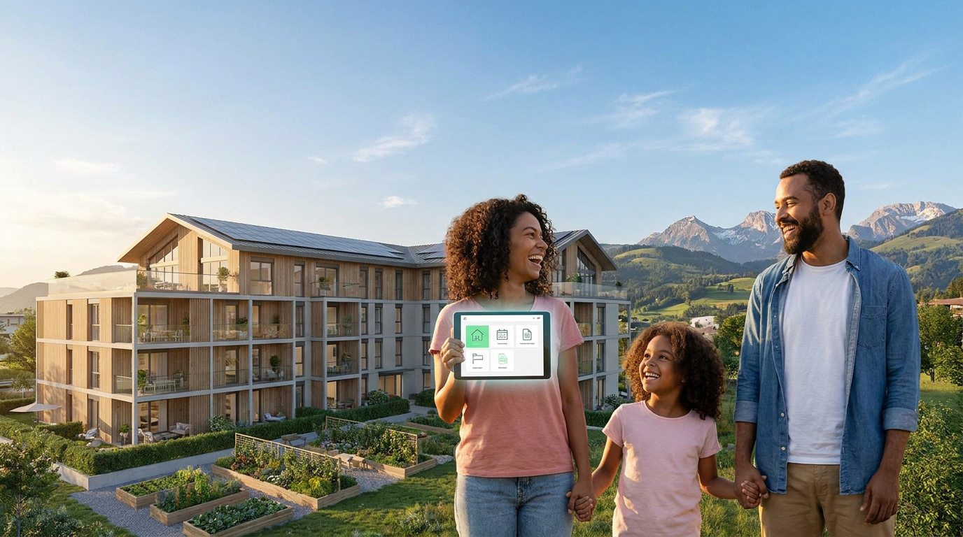 Famille souriante devant un immeuble écologique avec une tablette montrant une interface de gestion de logement.