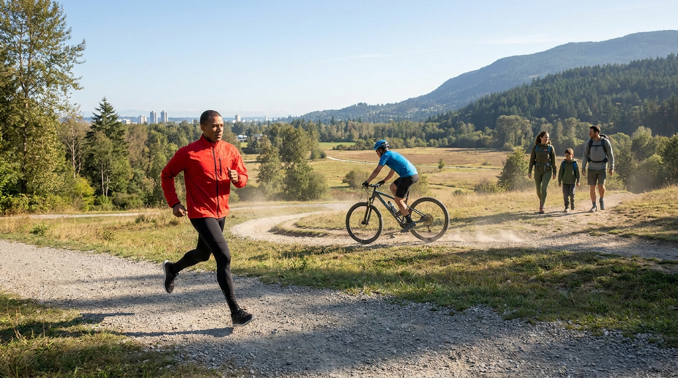 Un coureur en veste rouge, un vététiste et une famille marchant sur un chemin en pleine nature sous le soleil.